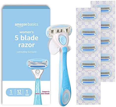 Amazon Basics 5-Blade Razor for Women, Handle, 12 Cartridges & Shower Hanger (Cartridges fit Amazon Basics Razor Handles only) 14 Piece Set, Blue Amazon Basics