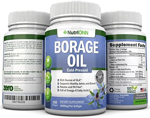 Borage Oil - 1000 mg - 180 Softgels (Мягкие капсулы) - Cold Pressed High GLA Borage Seed Oil - Hexane and PA Free - Great for Skin, Hair, Joints and Bones. NutriONN