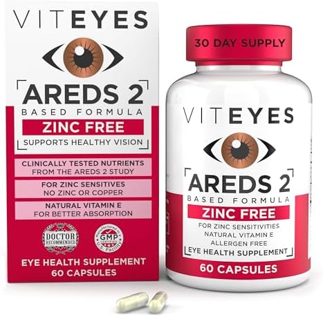 Viteyes AREDS 2 Zinc Free Macular Support, Natural Allergen Free Capsules (Капсулы) with Vitamin E, Vitamin C, Lutein & Zeaxanthin, No Zinc, No Copper, Eye Doctor Trusted, Manufactured in The USA, 60 Ct Viteyes