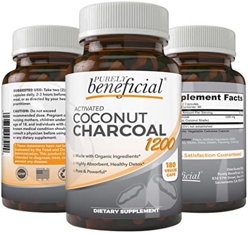 PURELY beneficial Activated Coconut Charcoal 1200mg, 180 Capsules (Капсулы) - Pills for Digestive System, Bloating, Vegan (1bottle) PURELY beneficial