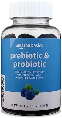 Amazon Basics Prebiotic & Probiotic Gummies, 2 Billion CFU, Blue Raspberry, 50 Count (2 per Serving) (Previously Solimo) Amazon Basics