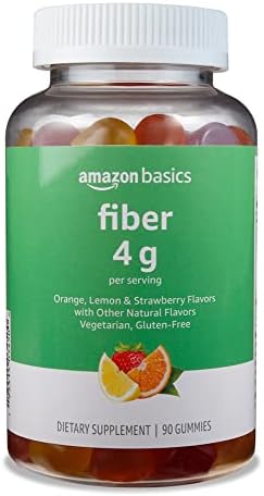 Amazon Basics (previously Solimo) Fiber 4g Gummy - Digestive Health, Supports Regularity, Orange, Lemon & Strawberry, 90 Gummies (Жевательные конфеты) (2 per Serving (Порция)) Amazon Basics