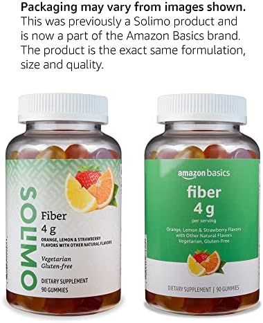 Amazon Basics (previously Solimo) Fiber 4g Gummy - Digestive Health, Supports Regularity, Orange, Lemon & Strawberry, 90 Gummies (Жевательные конфеты) (2 per Serving (Порция)) Amazon Basics