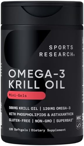 Sports Research Antarctic Krill Oil Omega 3 Mini-Softgels (Мягкие капсулы) 500mg with Phospholipids, Choline & Astaxanthin - Sustainably Sourced, Non-GMO Verified & Gluten Free - 120 Softgel Capsules (Капсулы) Sports Research