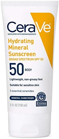 CeraVe 100% Mineral Sunscreen SPF 50 | Body Sunscreen with Zinc Oxide & Titanium Dioxide | Hyaluronic Acid & Ceramides | Oil Free & Non-Greasy | Hydrating Mineral Sunscreen For Body | 5 oz CeraVe