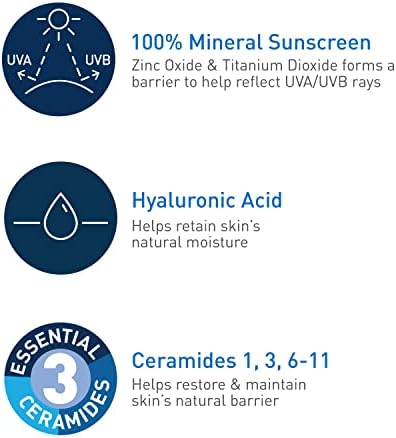 CeraVe 100% Mineral Sunscreen SPF 30 with Zinc Oxide & Titanium Dioxide, Hyaluronic Acid & Ceramides, Oil Free, Non-Greasy, Hydrating Mineral Sunscreen For Body, 5 oz CeraVe