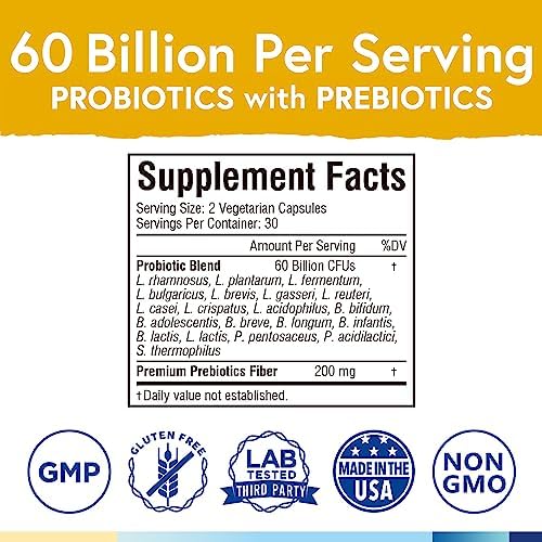 Terranics Probiotics 60 Billion CFU, 20 Strains, 60 Veg Capsules (Вегетарианские капсулы), Prebiotics & Probiotics, Shelf Stable Probiotic Supplement for Men & Women, Digestive & Immune Health, Non-GMO, NO Soy, Dairy & Gluten Terranics