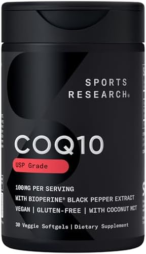 Sports Research CoQ10 (100mg) Enhanced w/Coconut Oil & Bioperine (Black Pepper) for Better Absorption | Vegan, Non-GMO Verified (30 Veggie Softgels (Мягкие капсулы на растительной основе)) Sports Research