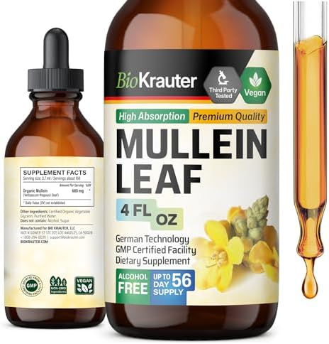 Mullein Drops (Капли) for Lungs - Liquid (Жидкость) Mullein Leaf Extract for Lungs Cleanse - Sugar & Alcohol Free Mullein Tincture - Pure Mullein Extract Drops- Respiratory Supplements - 4 Fl. Oz. BIO KRAUTER