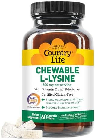 Country Life Chewable L-Lysine Supplement with Vitamin D and Elderberry, Immune Support and Collagen Renewal for Skin Tissue, Ideal for Adults Country Life