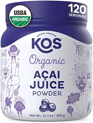 KOS USDA Organic Acai Powder (Порошок), Unsweetened Superfood - Natural Antioxidant, Acai Berry for Smoothies and Bowls - Polyphenol Abundant, Gluten-Free, Non-GMO, Climate Friendly resealable Bag, 40 Servings (Порции) KOS