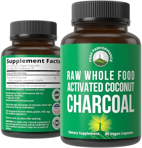 Peak Performance Activated Charcoal Vegan Capsules from Wild Harvested Coconut Shells. Best Safe Charcoal Pills Supplement for Detox, Gas Relief, Bloating. for Men and Women 90 All Natural Tablets Peak Performance