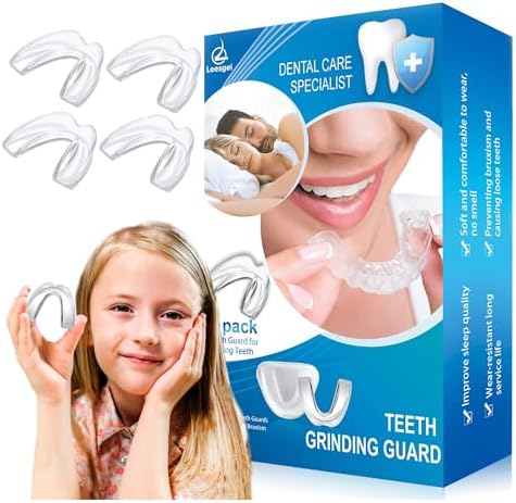 4 Pack Kids Mouth Guard for Grinding Teeth, Night Sleep Teeth Guards, Eliminates TMJ & Teeth Clenching, Stops Bruxism, Teeth Whitening Tray, Sport Athletic Mouth Guard (Kid Size only fit for Kids) Leesgel