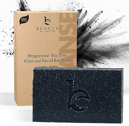 Beauty by Earth Charcoal Face Wash Bar Soap - Peppermint Tea Tree Soap Bar Facial Cleanser for Oily Skin, Black Soap Face Cleanser, Acne Cleanser, Acne Face Wash, Women & Mens Face Beauty By Earth