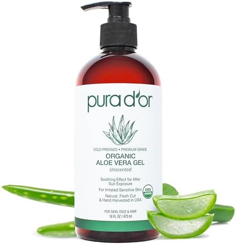 PURA D'OR 16 Oz ORGANIC Aloe Vera Gel - Lavender - All Natural - ZERO Artificial Preservatives - Deeply Hydrating & Moisturizing - Sunburn, Bug Bites, Rashes, Small Cuts, Eczema Relief - Skin & Hair PURA D'OR