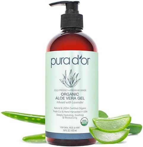 PURA D'OR 16 Oz ORGANIC Aloe Vera Gel - Lavender - All Natural - ZERO Artificial Preservatives - Deeply Hydrating & Moisturizing - Sunburn, Bug Bites, Rashes, Small Cuts, Eczema Relief - Skin & Hair PURA D'OR