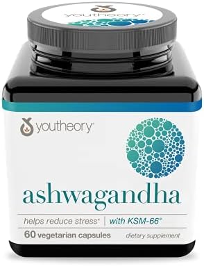 Youtheory Ashwagandha - 1,000 mg - Stress Support Supplement - Cortisol Support Supplement - Gluten, Dairy & Soy Free - 60 Vegetarian Capsules (Вегетарианские капсулы) Youtheory