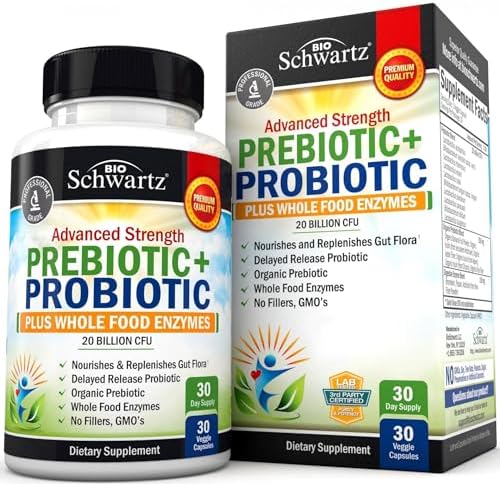 Prebiotics and Probiotic with Whole Food Enzymes for Adults Women & Men - Probiotics Lactobacillus Acidophilus - Digestive Health Capsules (Капсулы) Shelf Stable Supplement - Non-GMO Gluten & Dairy Free -30ct BioSchwartz