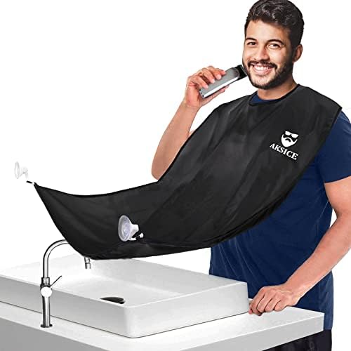 Aksice Beard Bib Apron, Beard Hair Catcher for Men Shaving, Non-Stick Beard Cape Grooming Cloth, Waterproof, with 4 Suction Cups - Black Aksice