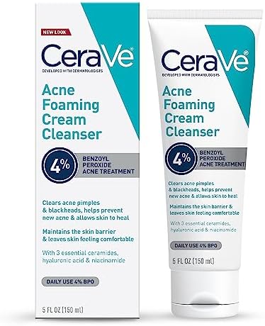 CeraVe Acne Foaming Cream Cleanser | Acne Treatment Face Wash with 4% Benzoyl Peroxide, Hyaluronic Acid, and Niacinamide | Cream to Foam Formula | Fragrance Free & Non Comedogenic | 5 Oz CeraVe