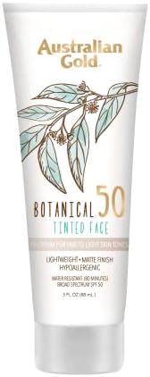 Australian Gold Botanical SPF 50 Tinted Face Sunscreen, Non-Chemical BB Cream, Water-Resistant, Matte Finish, Sensitive Skin, 3 FL Oz Australian Gold