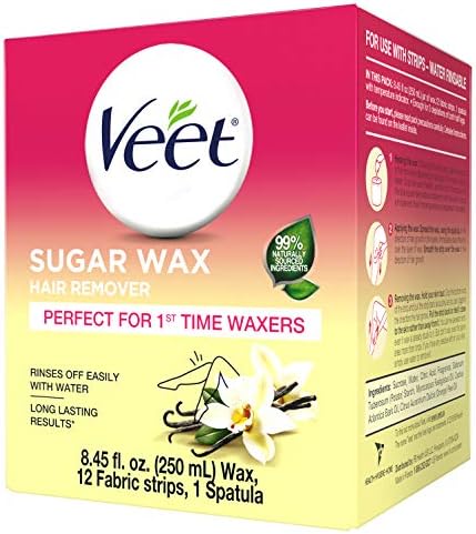 VEET Sugar Wax Hair Remover - Perfect for First Time Waxers - Contains 12 Fabric Strips & 1 Spatula with a Temperature Indicator 8.45 Ounce (Pack of 1) Veet