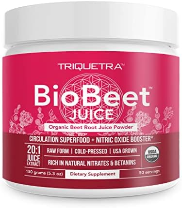 BioBeet® Max Strength Beet Root Juice Powder – 20:1 Concentrate, Each Serving Derived from 60,000 mg Organic Beetroot - Cold-Pressed, USA Grown – Nitric Oxide, Circulation Support – 50 Servings Triquetra Health