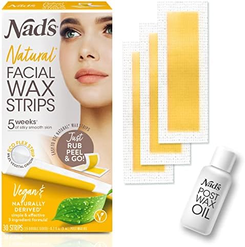 Nad's Facial Wax Strips - Natural All Skin Types - Waxing Kit With 30 Face Wax Strips & Post Wax Oil, 1 Count Nad's