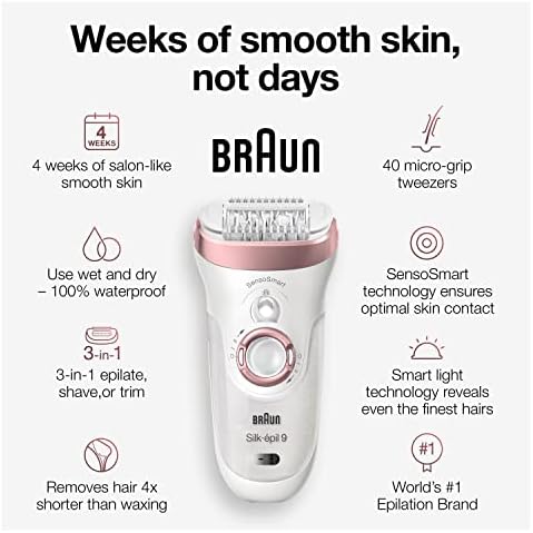 Braun Epilator Silk-épil 9 9-720, Hair Removal Device, Epilator for Women, Wet/Dry, Waterproof, 3-in-1 Epilate, Shave, or Trim, Salon-Like Smooth Skin, Womens Shaver & Trimmer, Cordless, Rechargeable Braun