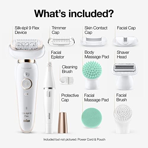 Braun Epilator Silk-épil 9 9-020 with Flexible Head, Facial Hair Removal for Women, Hair Removal Device, Shaver & Trimmer, Cordless, Rechargeable, Wet & Dry, Beauty Kit with Body Massage Pad Braun