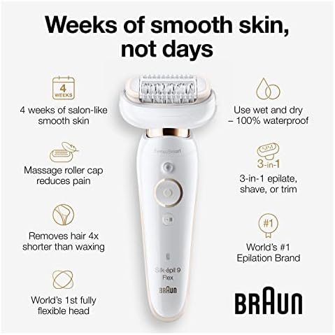 Braun Epilator Silk-épil 9 9-030 with Flexible Head, Facial Hair Removal for Women and Men, Hair Removal Device, Shaver & Trimmer, Cordless, Rechargeable, Wet & Dry, Beauty Kit with Body Massage Pad Braun