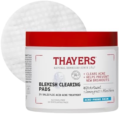 Thayers Blemish Clearing Acne Pads, Salicylic Acid Acne Treatment for Face, Pore Reducing, Exfoliating, and Soothing Skincare, Witch Hazel Toner Pads, 60 Ct Thayers