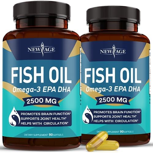 NEW AGE Omega 3 Fish Oil 2500mg Supplement Immune & Helath Support – Promotes Joint, Eye & Skin Health - Non GMO - EPA, DHA Fatty Acids Gluten Free (180 Softgels (Pack of 2)) NEW AGE