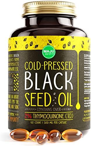 MAJU's Black Seed Oil Capsules - Cold Pressed, 2% Thymoquinone, 100% Turkish Black Cumin Nigella Sativa Seed Oil, 100% Liquid Pure Blackseed Oil 60 Count, 500mg per Capsule Maju Superfoods