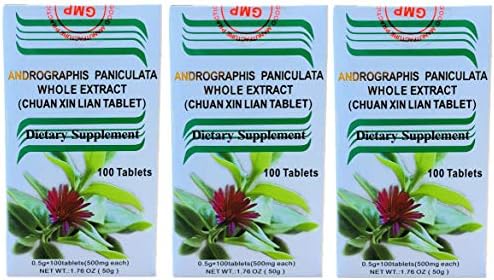 Chuan Xin Lian, Andrographis Whole Extract, Extra Strength 500MG (100 Tablets (Таблетки)) - 3 Bottles HerbsGreen