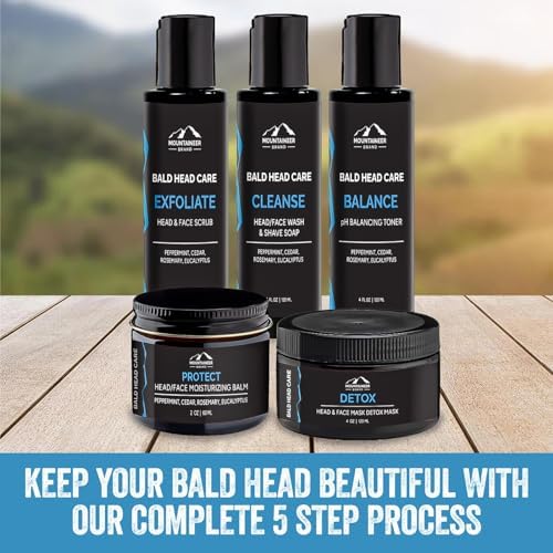 Mountaineer Brand Ultimate Bald Head Care Gifts Bundle For Men | All Natural 5 Step Skin Care for Healthy Scalp & Face | Exfoliate Scrub | Cleanse Wash | Shine Away | Moisturizing Balm | Detox Mountaineer Brand