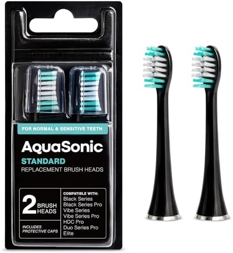 AquaSonic Standard Replacement Brush Heads | for Normal & Sensitive Teeth | Compatible with Many AquaSonic Toothbrush Handles (2 Pack Black) AQUASONIC