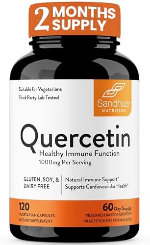 Sandhu's Quercetin 1000mg Per Serving (Порция) Vegetarian Capsules (Вегетарианские капсулы) Bioflavonoids Supports Immune Health & Cardiovascular Health, Respiratory Health, Seasonal Allergy Relief 120 Count Sandhu's