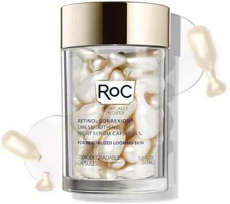 RoC Retinol Correxion Anti-Aging Wrinkle Night Serum, Daily Line Smoothing Skin Care Treatment for Fine Lines, Post-Acne Scars, 30 Individual Capsules, Unscented, 0.35 Fl Oz RoC