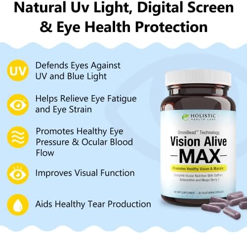 Vision Alive Max with 8 Natural Ingredients Lutemax® 2020, Bilberries, Blueberries, c3g from Black Currant, Maqui Berry, Saffron, and Astaxanthin (30 Count (Pack of 1)) Holistic Health Labs