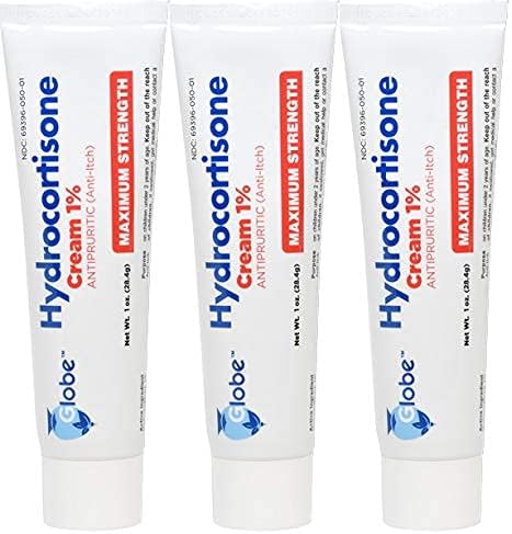 Globe (3 Pack Hydrocortisone Maximum Strength Cream 1%, Anti-Itch Cream for Redness, Swelling, Itching, Rash, Bug/Mosquito Bites, Eczema, Hemorrhoids & More Globe