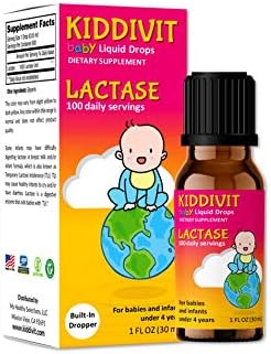 Kiddivit Baby Lactase Liquid Drops (Жидкие капли) 1000 Units - 100 Daily Servings (Порции), 1 Fl Oz (30 mL) - Built-in Dropper, Glass Bottle - Sugar Free, Gluten Free, Vegetarian Friendly Kiddivit