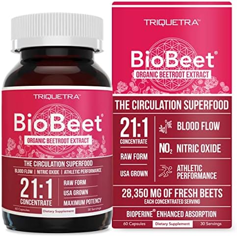 BioBeet® Max Strength Beet Root Capsules - 21:1 Concentrate, Each Serving Derived from 28,350 mg Organic Beetroot - Absorption Enhancement with BioPerine® Black Pepper Extract (60 Capsules) Triquetra Health