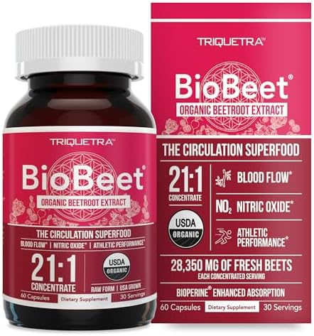 BioBeet® Max Strength Beet Root Capsules (Капсулы) - 21:1 Concentrate, Each Serving (Порция) Derived from 28,350 mg Organic Beetroot - Absorption Enhancement with BioPerine® Black Pepper Extract (60 Capsules) Triquetra Health