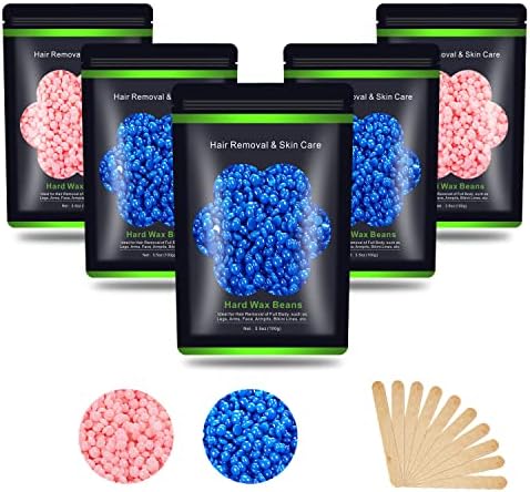 Wax Beads for Hair Removal 1.1 lb (17.6 oz), Hard Wax Beads for Sensitive Skin - Brazilian, Face, Bikini, Legs, Eyebrow, Painless Waxing Beads Kit for Women Men, 5 Packs with 10 Wax Sticks Auperwel