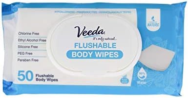 Veeda Natural Cotton Body Wipes for Adults - 50 Count, Hypoallergenic & pH Balanced Wet Wipes - Unscented Personal Cleansing Wipes Safe for Sensitive Skin, Plant based Soft Wipes Veeda