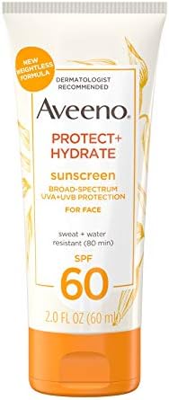 Aveeno Protect + Hydrate Sunscreen Moisturizing Face Lotion with Broad Spectrum SPF 60 and Prebiotic Oat, Paraben, Phthalate, Oxybenzone and Oil Free Sunscreen for Sensitive Skin, 2.0 FL OZ Aveeno