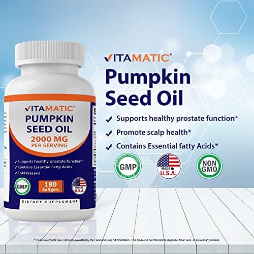 Vitamatic Pumpkin Seed Oil 2000mg Softgel Capsules (Капсулы) per Serving (Порция) - 180 Softgels (Мягкие капсулы) - 1000mg per softgel Vitamatic