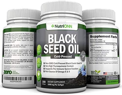 Black Seed Oil - 1000 Mg - 180 Softgels - Cold-Pressed Non-GMO Black Cumin Seed Capsules - Super High Thymoquinone Content - Nigella Sativa - Rich in Omega 6 & 9 Fatty Acids - Immune & Joint Support NutriONN