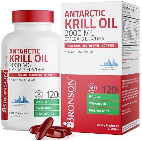 Bronson Antarctic Krill Oil 2000 mg with Omega-3s EPA, DHA, Astaxanthin and Phospholipids 120 Softgels (60 Servings) Bronson